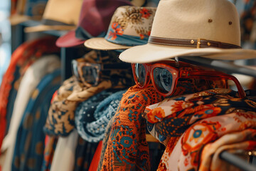 Fototapeta premium Row of Hats and Scarves Hanging on Rack