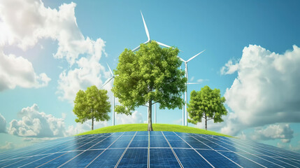 Renewable  energy background  with green energy as wind turbine and solar panel.