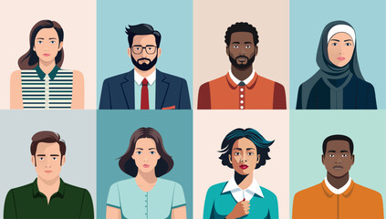 People character portrait collection - Set of vector illustration of faces and upper body, men and woman with different ethnicities looking at camera in front view