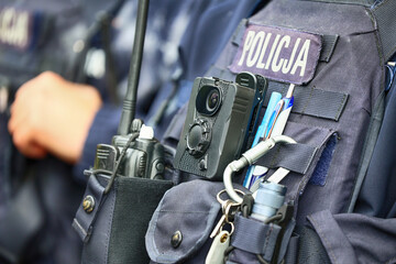 Kamera policyjna na mundurze policjanta.
