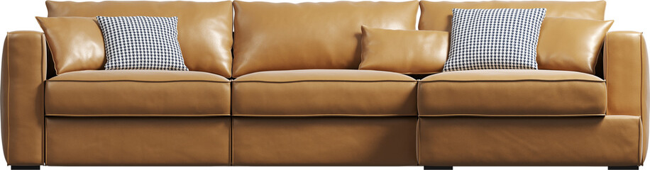 Front view of modern caramel leather sofa - obrazy, fototapety, plakaty