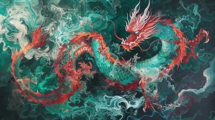 Visualize Interdimensional Echoes around a mythical dragon, a style capturing echoes from different dimensions, in ethereal emerald and ruby red