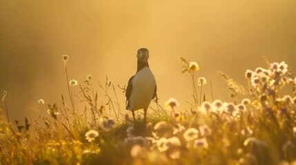 a bird is standing in the middle of a field of dandelions and daisies with the sun shining in the background.