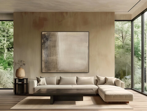 Luxury modern lighting living rooom, beige colors, abstract paint on the wall. Luxury apartment