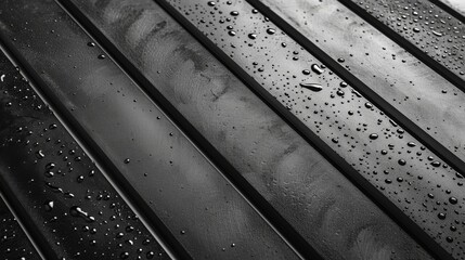 a black and white photo of raindrops on a metal slatted surface with water droplets on it. - obrazy, fototapety, plakaty