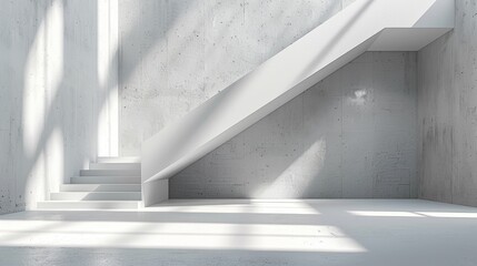 an empty room with a stair case and a light coming in from the window on the far side of the room.