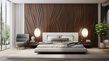 A sophisticated bedroom with rosewood and white 3D wall panels, creating a luxurious and inviting atmosphere.