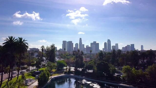 Springtime in downtown Los Angeles city skyline drone establishing shot