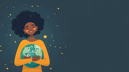 Young woman embraces green planet Earth with care and love. Vector illustration of Earth day and saving planet. Environment conservation and energy saving concept.