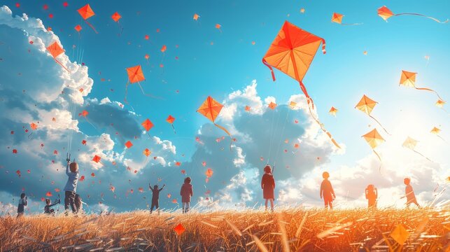 A joyful scene of children and adults flying kites in a clear blue sky on International Kite Day, symbolizing freedom, creativity, and the beginning of summer