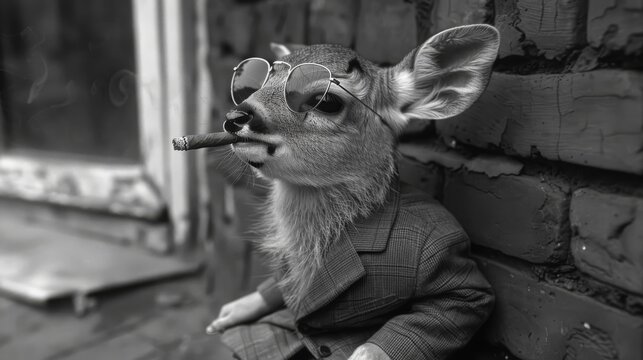 a black and white photo of a deer wearing glasses and a suit smoking a cigarette in front of a brick wall.