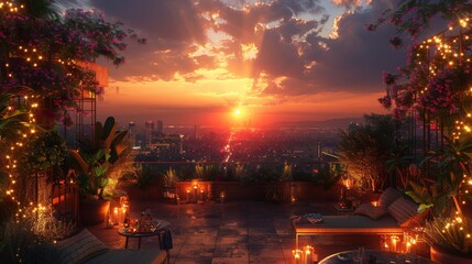A lively rooftop garden party in the city, with guests enjoying cocktails and canas among green plants and twinkling fairy lights. The skyline provides a dramatic backdrop as the sun sets