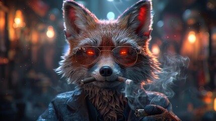 Naklejka premium a painting of a red fox wearing glasses and a suit with a cigarette in his mouth and a cigarette in his mouth.