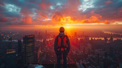 A lone construction worker takes a brief moment to survey the sprawling cityscape from the roof of the building site. Clad in a safety harness and reflective gear, the worker represents the unsung 