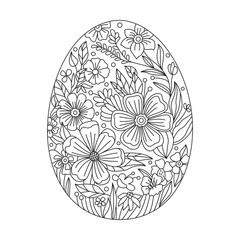 Beautiful decorative egg decorated with flowers. Great for Easter greeting cards, coloring books. Doodle hand drawn illustration black outline.