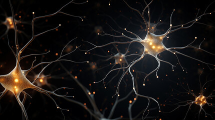 Neuron cells on dark background with glowing particles	