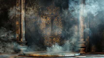 Bohemian bazaar podium with exotic patterned smoke background, perfect for artisanal goods or boho-chic fashion showcases.