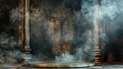 Cercles muraux Style bohème Bohemian bazaar podium with exotic patterned smoke background, perfect for artisanal goods or boho-chic fashion showcases.