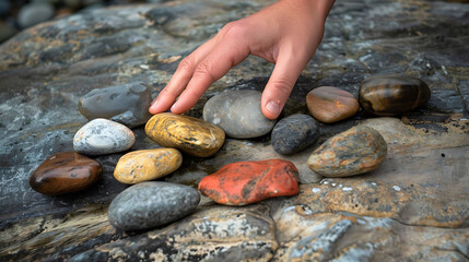 A person arranging a collection of stones, representing foundation and stability in business workflows - obrazy, fototapety, plakaty