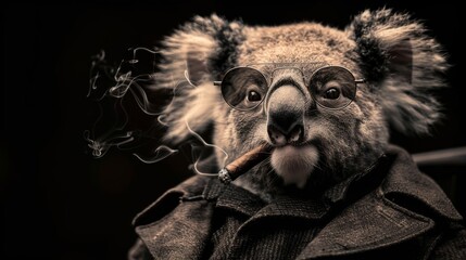 Fototapeta premium a koala wearing glasses and a jacket with a cigarette in its mouth and smoke coming out of its mouth.