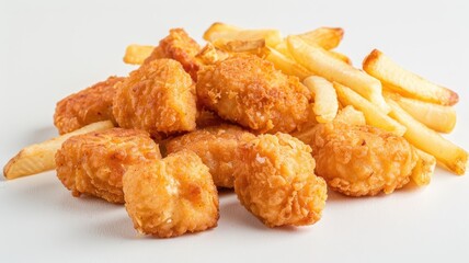 chicken nuggets paired with fries against a soft white background, offering ample copy space for promotional materials or food advertisements.