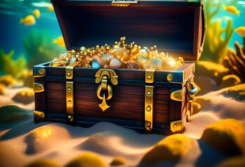 photo of open treasure chest with shinny gold underwater