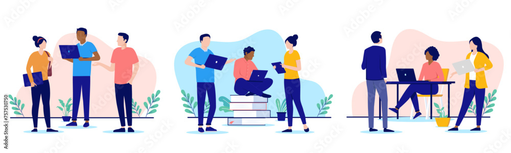 Fototapete Work talk and discussion vector set - Illustrations with team of people talking and and working in office in casual business clothes. Office work concept in flat design with white background