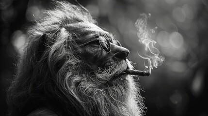 Fototapeta premium a black and white photo of a man with a long beard and glasses holding a cigarette in one hand and a cigarette in the other hand.