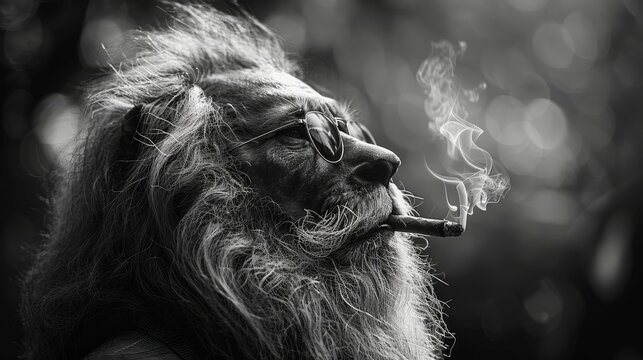 a black and white photo of a man with a long beard and glasses holding a cigarette in one hand and a cigarette in the other hand.