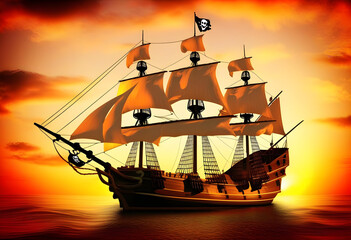 Pirates ship background with old jolly roger flag and saber