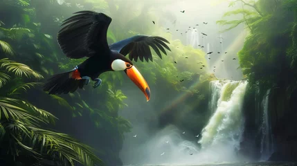 Papier peint Toucan A toucan flying over a waterfall in the Amazon