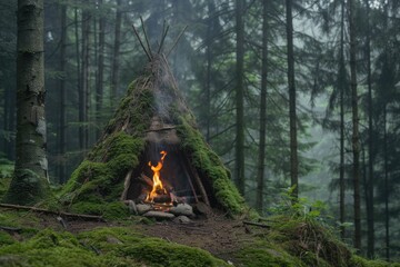 Primitive Survival Shelter with Campfire Burning in Forest - Amerindian Tipi-style Bushcraft Shelter Made of Moss and Branches