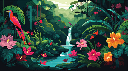 Flat vector scene A lush rainforest with exotic pla - obrazy, fototapety, plakaty