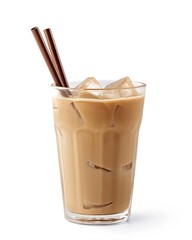 Refreshing Tall Glass of Iced Coffee with Milk and Straw. Isolated with Clean Cut Clipping Path on White Background. Perfect for Cafes and Cool Beverages