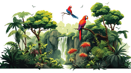 Flat vector scene A lush rainforest with exotic pla - obrazy, fototapety, plakaty
