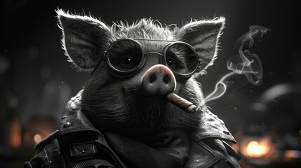 a pig wearing glasses and a leather jacket smoking a cigarette with a cigarette holder in his mouth and a cigarette in his mouth. - obrazy, fototapety, plakaty
