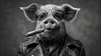 a black and white photo of a pig wearing glasses and a leather jacket with a cigarette in it's mouth. - obrazy, fototapety, plakaty