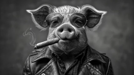 Foto op Plexiglas a black and white photo of a pig wearing glasses and a leather jacket with a cigarette in it's mouth. © Nadia