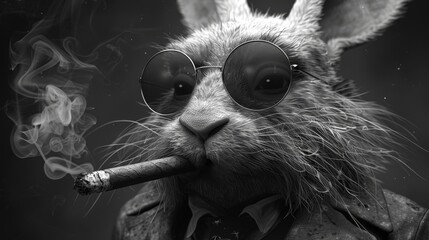 a black and white photo of a rabbit wearing sunglasses and holding a cigarette in its mouth with smoke coming out of its mouth.