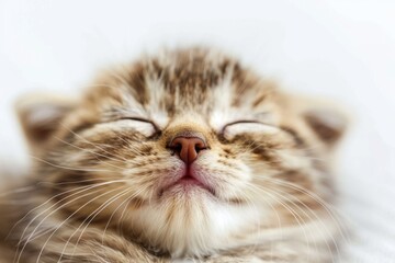 Smiling Cat Closeup. Portrait of a Happy Scottish Fold Tabby Kitten with Pure White Fur Isolated on a White Background