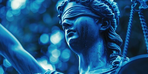 Stark Act: Duotone Blue Lady Justice Statue with White Text. Law & Lawyer Symbol of Justice Figure & Law Symbolism - obrazy, fototapety, plakaty