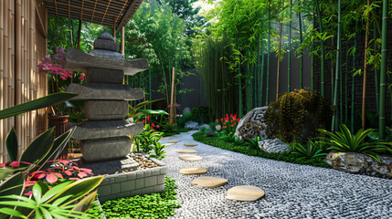 Apanese garden with bamboos and stone lantern