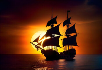 Black silhouette of the pirate ship in night.
