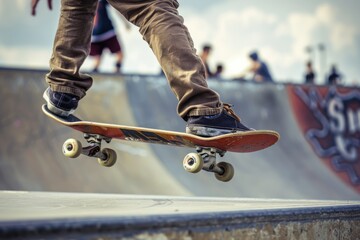 Summer Fun at the Skate Park - Radical Skateboarding with Male Athlete Showing Skills in Exercising Balance - obrazy, fototapety, plakaty