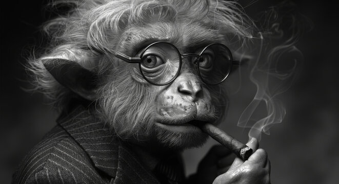a monkey with glasses smoking a cigarette in front of a black and white photo of a man in a suit.