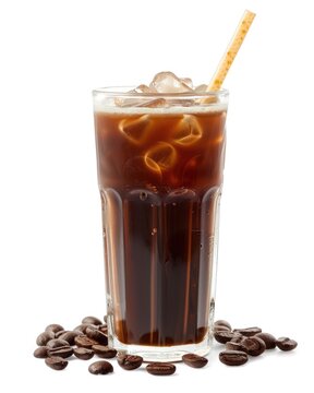 Tall Glass of Cold Iced Coffee with Milk and Straw. Isolated on White Background with Clean Cut Clipping Path