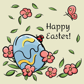 Bright vector illustration. Easter card with text. Color image with a painted egg, flowers, butterfly and ladybug.