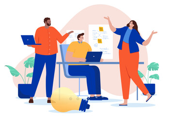 People working in office together - Team of three characters with laptop computers, talking and coming up with idea and plan for business project. Flat design cartoon style vector illustration