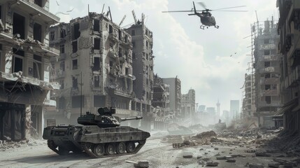 military equipment, including an armored personnel carrier, a tank, and a helicopter, amidst the ruins of a destroyed city, reflecting the ravages of war and conflict.