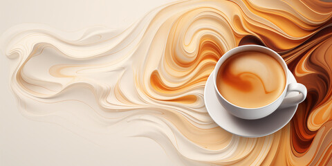 Abstract 3D coffee background, a cup of coffee against a background of soft waves and lines in brown tones, latte art, top view - obrazy, fototapety, plakaty